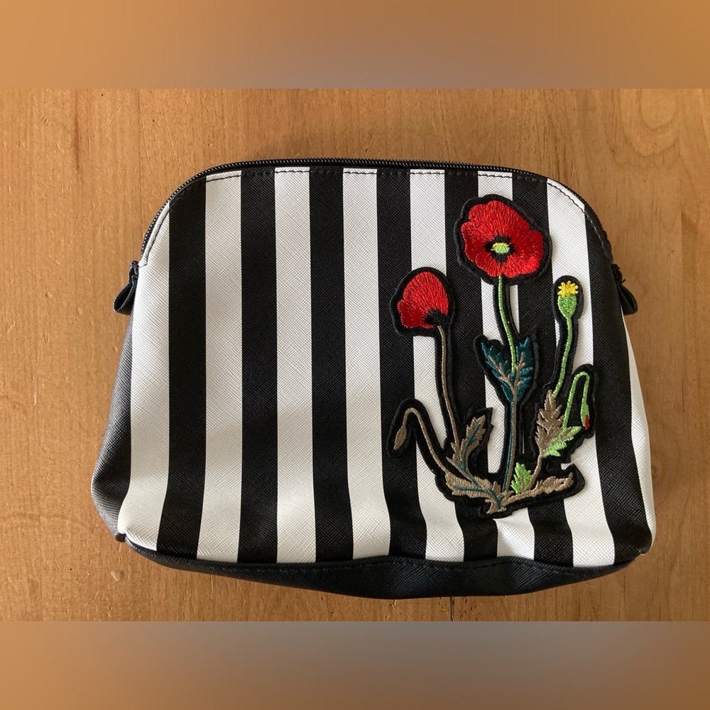 Nordstrom Cosmetic Bag Striped with Red Flower Embroider